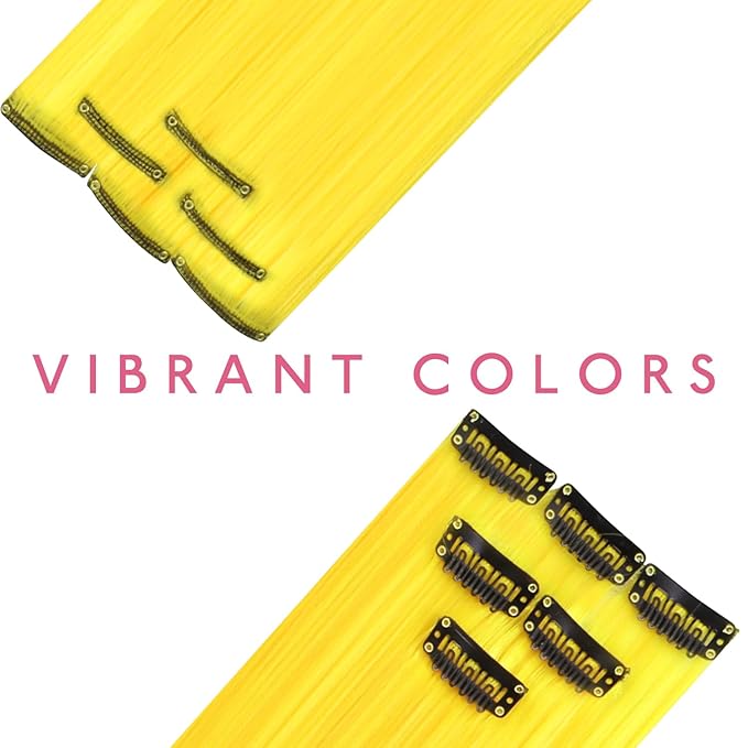 WENNALIFE 12 PCS Yellow Hair Extensions Clip in, Colored Clip in Hair Extensions for Kids Highlights Rainbow Hair Clips for Girls Synthetic Straight Pop-up Style Colorful Girls Hair Accessories