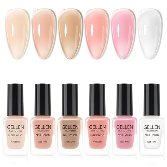 GELLEN Sheer Nude Jelly Nail Polish Not UV Gel, Neutual Regular Nail Polish, Translucent Nude Pink Milky White 6 Colors Set for Acrylic Natural Nails Home Salon, Quick Air Dry, Hema Free, Non-toxic