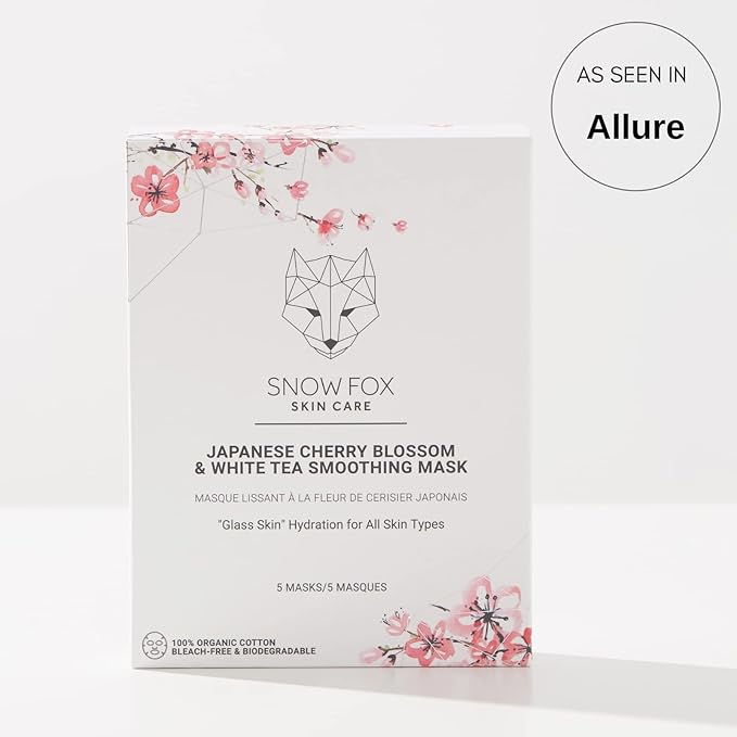 Snow Fox Japanese Cherry Blossom & White Tea Smoothing Sheet Mask – Hydrating Face Mask for Glass Skin Glow & Bridal Makeup Prep – Moisturizing Facial Skin Care for all Types – 5 Pack