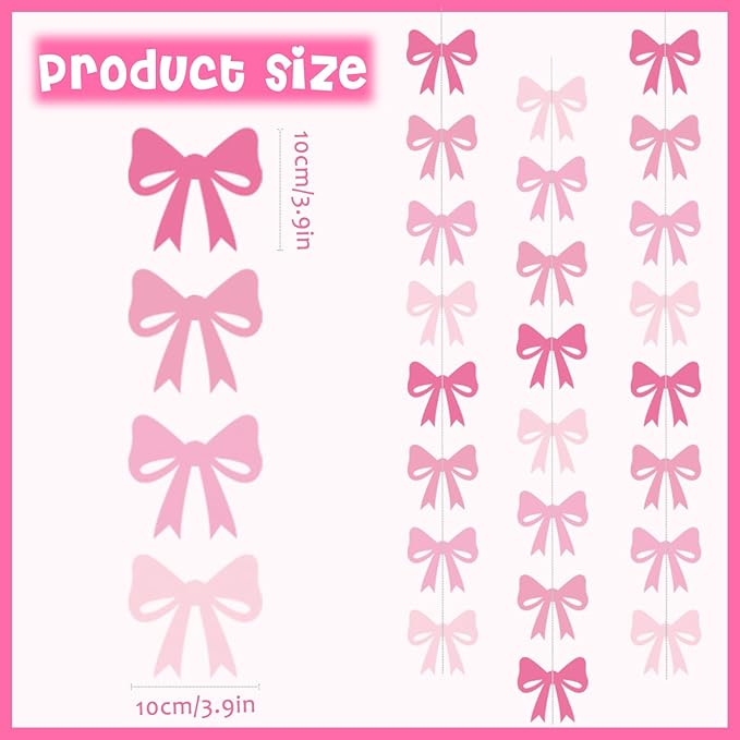 8Pcs Pink Bow Hanging Banner Pink Bow Garland for Bow Theme Birthday Party Decorations Girl Birthday Bachelorette Baby Shower Bridal Shower Party Supplies