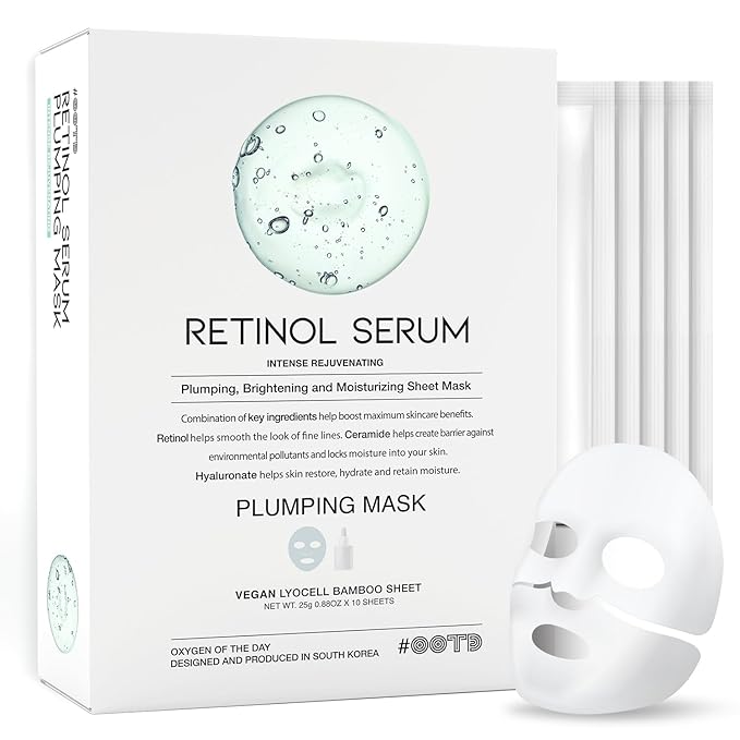 Rejuvenating Retinol Sheet Mask Korean Vegan Wrinkle Lifting, Plumping and Moisturizing Sheet Mask, Retinol, Ceramide, Hyaluronate 10EA