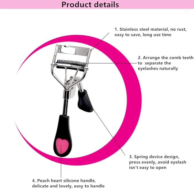 Stainless Steel Eyelash Curler with Built-in Comb Pinch Pain-Free Suitable for Any Eye Shapes and Sizes, with 5 Silicone Refill Pads (Black)