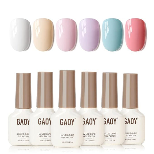 GAOY Gel Nail Polish Set including BabyBlue, Periwinkle Pastel Purple, Dusty Pink White Yellow for Manicure and Nail Art DIY at Home or Salon