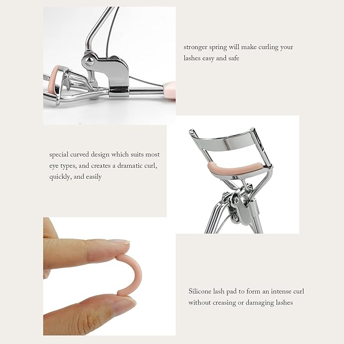 Eyelash Curler and Eyelash Comb Set with 2 Refill Pads (Pink)