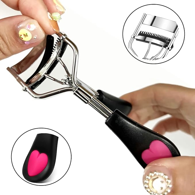 2 Pcs Stainless Steel Eyelash Curler with Built-in Comb Pinch Pain-Free Suitable for Any Eye Shapes and Sizes, with 4 Silicone Refill Pads(Black&Light Pink)