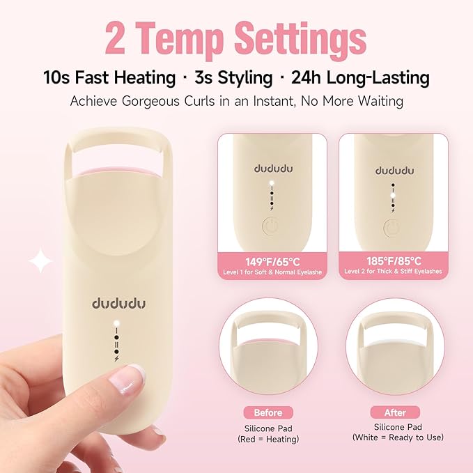 DUDUDU Heated Eyelash Curler, Portable Travel-Size Mini Electric Heated Lash Curler - 2-Level Adjustable Temp & Type-C Recharge, 10S Heat 3S Style 24H Lift for Long-Lasting Natural Effortless Curves