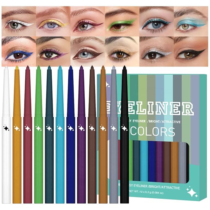 evpct 12Pcs Colored Glitter Shimmery Shimmer Gel Eyeliner Pencils Set for Women, Green Blue White Black Purple Eyeliner Waterline Waterproof lapiz de ojos delineador de ojos contra el agua eye Makeup