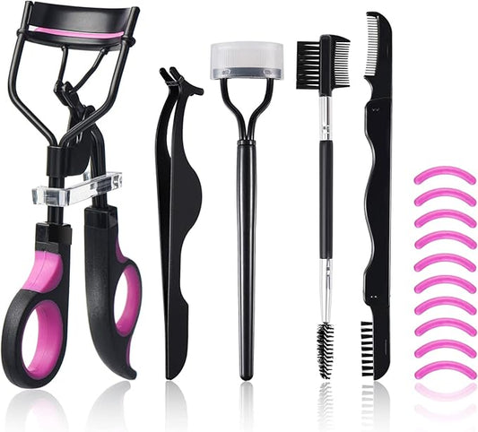 Eyelash Curlers Kit for Women w Lash Curler, Eyelash Comb Seperator, 3 in1 Mascara Brushes, Eyelash Extension Tweezers, Foldable Eyebrow Brush and Comb, 10 Silicone Refills Pads
