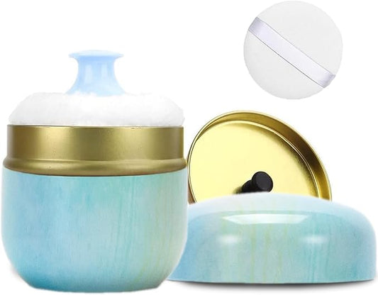 SHIMIDO Body Powder Puff and Container, 3.15" Portable Empty Body Powder Container for Baby Women's Loose Dusting Powder, Powder Case Box with Lids for Bath, Travel and Home Use (Aqua Blue)
