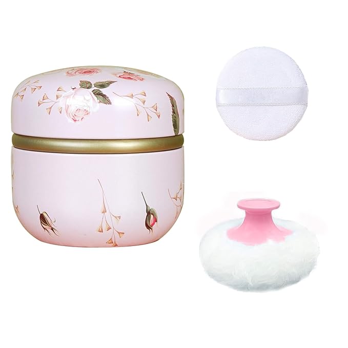 Body Powder Puff and Container for Dusting Powder, Women Powder Puff and Powder Case for Bath and Travel (Romantic Flowers)