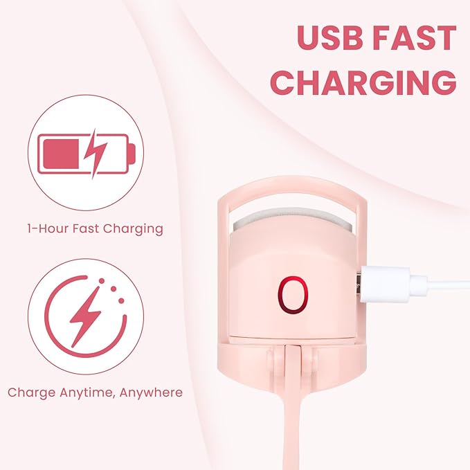 Electric Heated Eyelash Curler for Women – USB Rechargeable Heated Lash Curler with Quick Heat-Up, Multi-Temp Settings, 24H Natural Curl, Anti-Scald Silicone, Portable Makeup Tool, Pink
