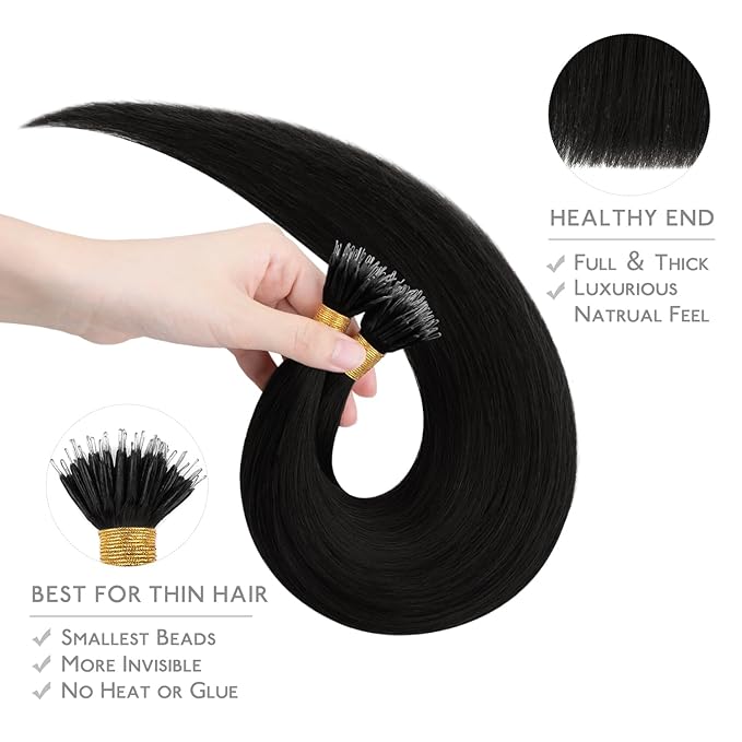 WENNALIFE Nano Bead Hair Extensions Human Hair, 50g 100s 16 Inch Jet BlackReal Human Hair Extensions for Women Invisible Nano Ring Hair Extensions Remy Human Hair Extensiones De Cabello Humano