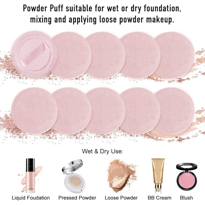 10pcs Powder Puff Cotton Cosmetic Face Makeup Powder Puffs Pads with Ribbon for Loose and Foundation 2.36 inch. (Pink)