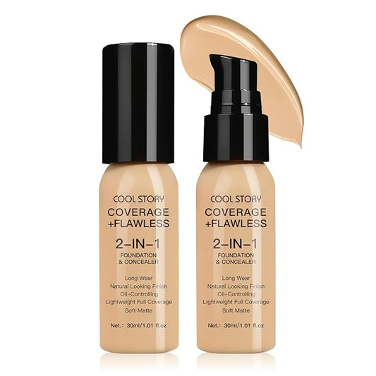 2-in-1 Foundation and Concealer Long Wear Natural Matte Finish Lightweight Coverage (Light Medium)