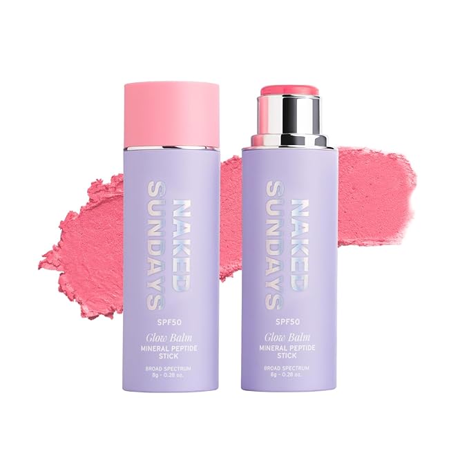 Naked Sundays SPF 50 Mineral Glow Balm Peptide-Infused Multi-Tasking Blush Stick for Cheeks, Lips & Eyes – Broad Spectrum Mineral Sunscreen with Zinc Oxide – 8g (Pink Pop)