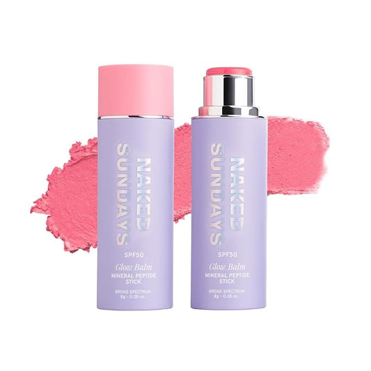 Naked Sundays SPF 50 Mineral Glow Balm Peptide-Infused Multi-Tasking Blush Stick for Cheeks, Lips & Eyes – Broad Spectrum Mineral Sunscreen with Zinc Oxide – 8g (Pink Pop)