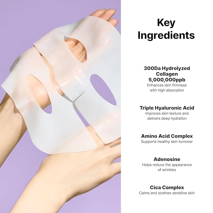 Super Glow Deep Collagen Hydrogel Mask 1.48 oz × 8 Sheets, 5,000,000ppb Hydrolyzed Collagen, Elasticity, Wrinkle Care & Radiance, Overnight K-Beauty Mask (8 Count (Pack of 1))