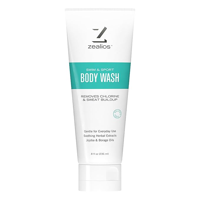 Zealios Swim & Sport Body Wash for Swimmers & Athletes 8oz, Skin Care Solution for Men & Women, Removes Chlorine, Sweat & Odor, Provides Cleansing and Hydration from Pool Chemicals, Light Citrus Scent