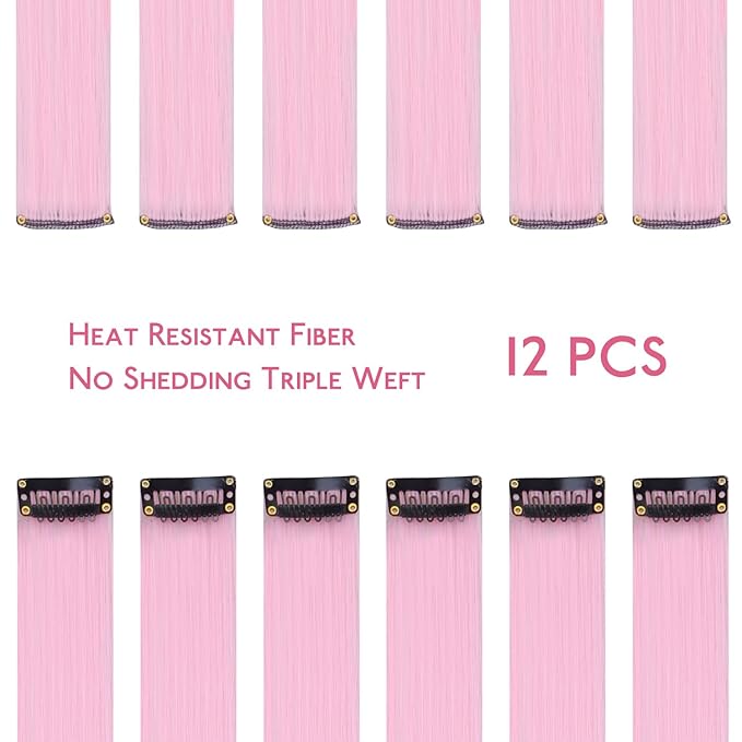 WENNALIFE 12 PCS Pink Hair Extensions Clip in, Colored Clip in Hair Extensions for Kids Highlights Rainbow Hair Clips for Girls Synthetic Straight Pop-up Style Colorful Festival Girls Hair Accessories