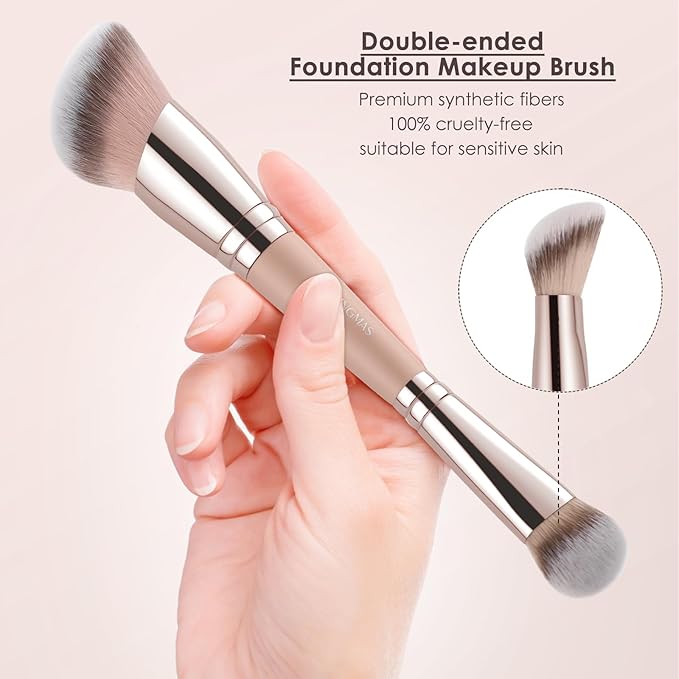 KINGMAS Foundation Makeup Brush, Double-ended Angled Top Contour Brush for Blending Liquid Powder, Concealer Cream Cosmetics Blush Brush (Pink)