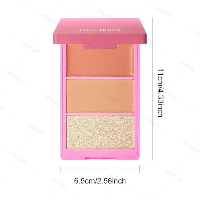 KYDA 3 Colors Blush Palette, All-In-One Face Maleup Palette, Matte Cheek Blusher Makeup, Multi-Finish Shimmery Blusher, Blendable Blush Highlighter Powder,01
