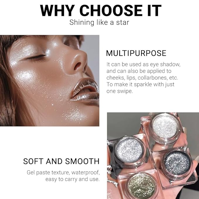 Single Cream Glitter Eyeshadow, Shimmer Eyeshadow Palette, Korean Eye Glitter Makeup, Ultra-Blendable, Sparkle Silver Eye Shadow, Single Shade Metallic Pigmented (Sparkle white)