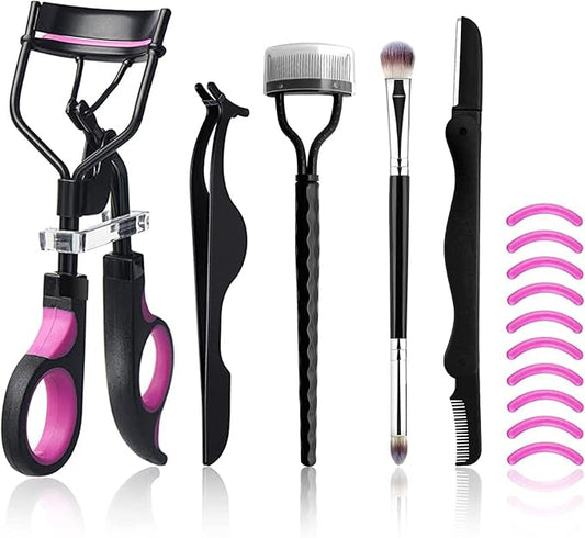 Eyelash Curlers Kit for Women w Lash Curler, Eyelash Comb Seperator, Eyeshadow Brush, Eyelash Extension Tweezers, Foldable Eyebrow Razor Comb, 10 Silicone Refills Pads for Natural Eyelashes