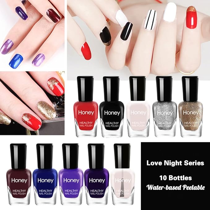 Non Toxic Nail Polish Set, Easy Peel Off and Fast Dry Nail Polish Set for Pack, Eco Friendly and Organic Water Based Nail Polish for Women, Girls,Teens(10 Bottles)