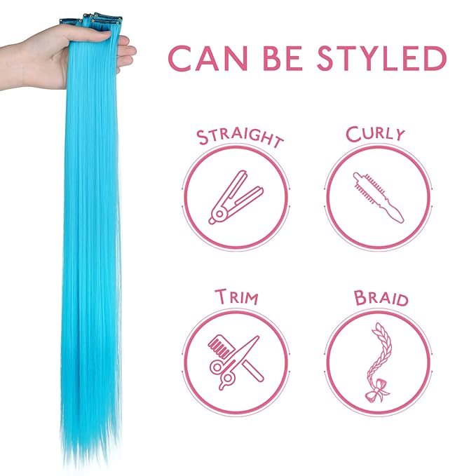 WENNALIFE 12 PCS Sky Blue Hair Extensions Clip in, Colored Clip in Hair Extensions for Kids Highlights Rainbow Hair Clips for Girls Synthetic Straight Pop-up Style Colorful Girls Hair Accessories