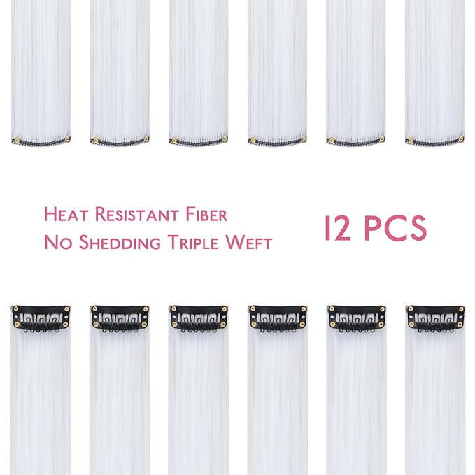 WENNALIFE 12 PCS White Hair Extensions Clip in, Colored Clip in Hair Extensions for Kids Highlights Rainbow Hair Clips for Girls Synthetic Straight Pop-up Style Colorful Festival Girl Hair Accessories