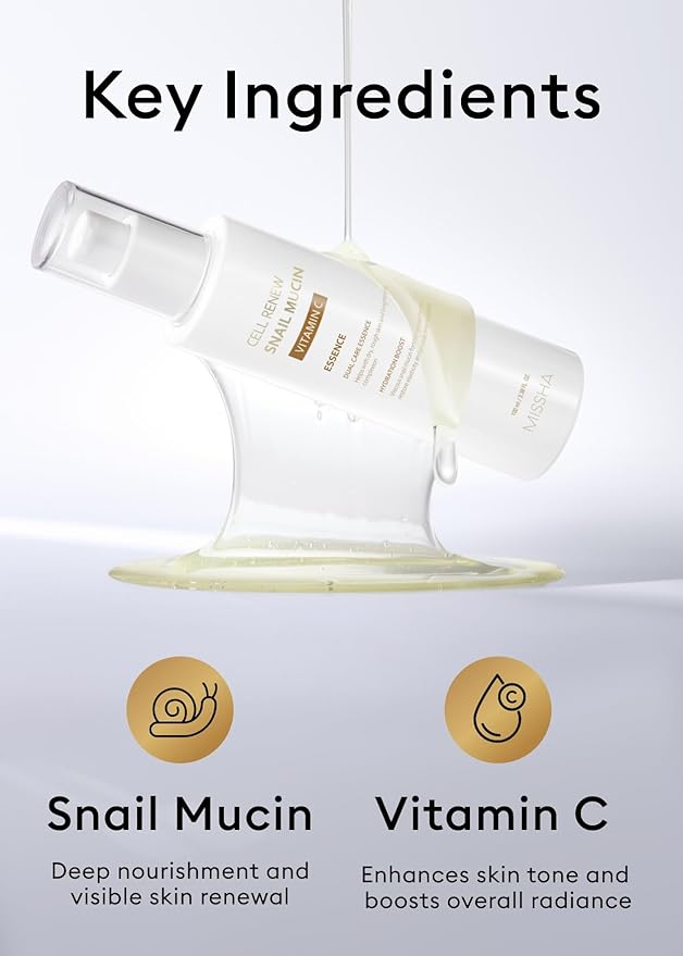 MISSHA Cell Renew Snail Mucin Vitamin C Essence Serum 3.38 Fl oz - Hydrating Korean Skincare for Glass Skin, Snail Mucin Serum for Improved Skin Texture & Complexion