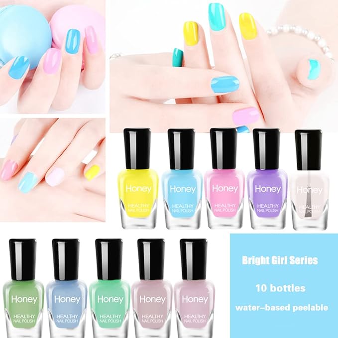 Non Toxic Easy Peel Off and Fast Dry Nail Polish Set for Pack, Eco Friendly & Organic Water Based Nail Polish for Women,Teens,Kids (10 Bottles)