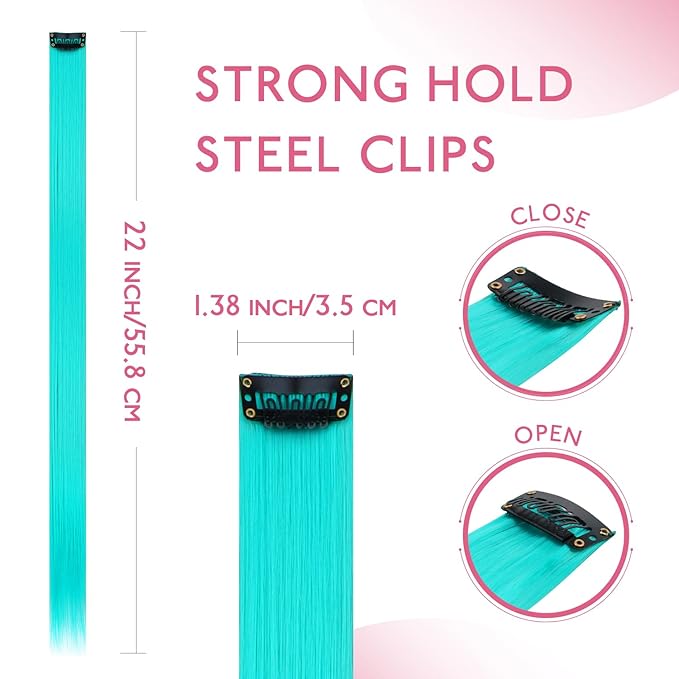WENNALIFE 12 PCS Teal Hair Extensions Clip in, Colored Clip in Hair Extensions for Kids Highlights Rainbow Hair Clips for Girls Synthetic Straight Pop-up Style Colorful Festival Girls Hair Accessories