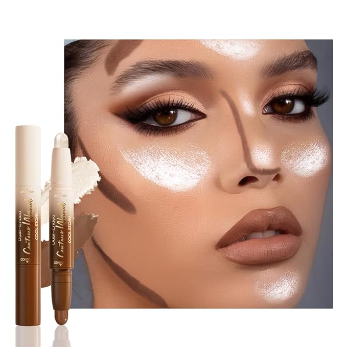 Dual-Ended 2-in-1 Cream Contour & Highlighter Stick Makeup For Face & Body – Waterproof, Long-Lasting, Suitable for All Skin Tones, 05#Nuetral Nude + Silver Shimmer