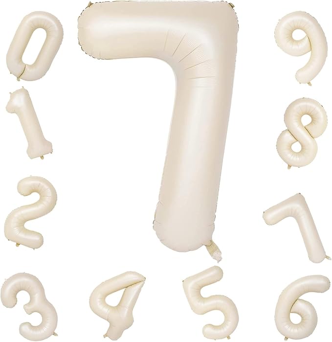 40'' Beige Number 7 Balloons, Giant Self Inflating Cream Foil Number Balloons Set 0-9, Large White Sand Digital 7 Helium Balloon for Girls Boys 7th Birthday Party Decorations Anniversary Supplies