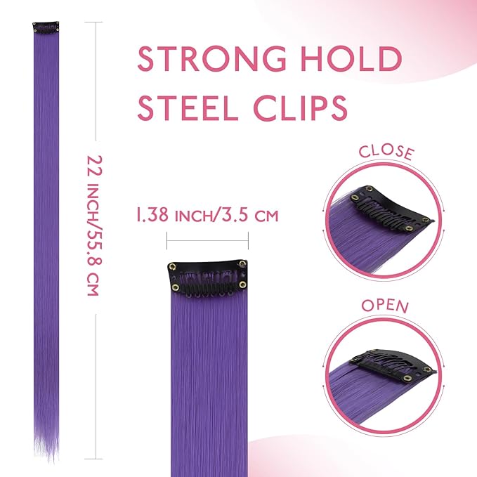 WENNALIFE 12 PCS Deep Purple Hair Extensions Clip in, Colored Clip in Hair Extensions for Kids Highlights Rainbow Hair Clips for Girls Synthetic Straight Pop-up Style Colorful Girls Hair Accessories