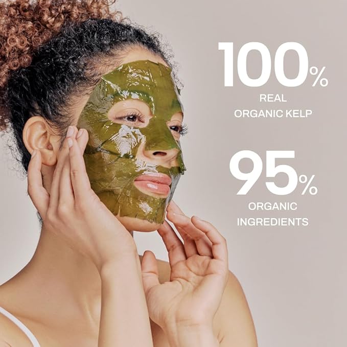 Whamisa Organic Algae Kelp Facial Sheet Mask, De-Puffing, Deep Hydration, Soothing, Moisturizing, Postbiotics, Fermentation (5 PCS/Pack)