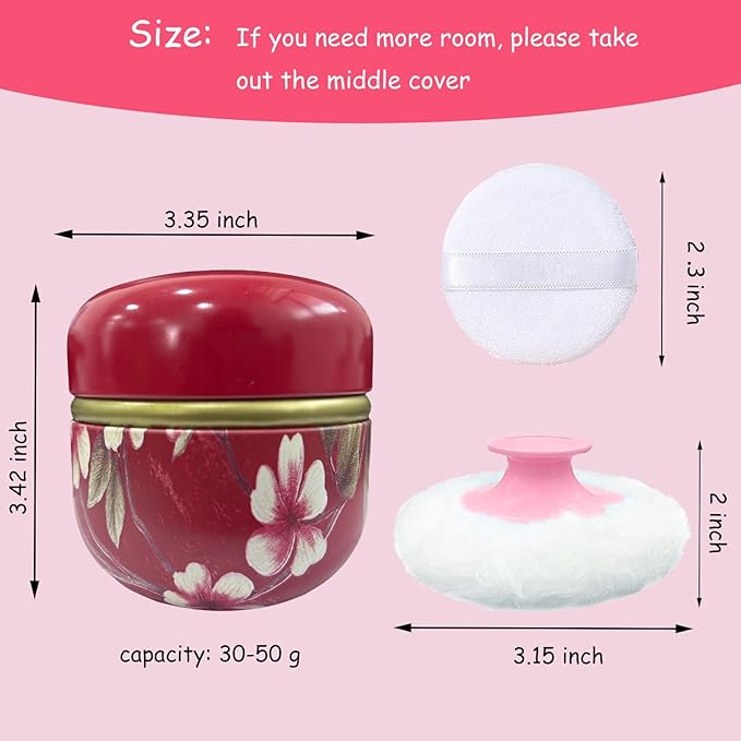 Body Powder Puff and Container for Dusting Powder, Women Powder Puff and Powder Case for Bath and Travel (Red Future)