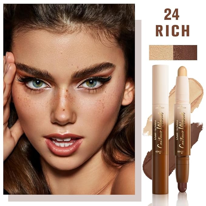 2Pcs Dual-Ended 2-in-1 Cream Contour & Highlighter Stick Makeup For Face & Body – Waterproof, Long-Lasting, Suitable for All Skin Tones, (02+04)