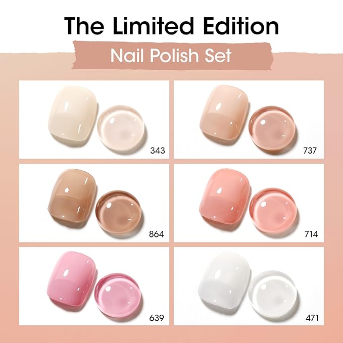 GELLEN Sheer Nude Jelly Nail Polish Not UV Gel, Neutual Regular Nail Polish, Translucent Nude Pink Milky White 6 Colors Set for Acrylic Natural Nails Home Salon, Quick Air Dry, Hema Free, Non-toxic