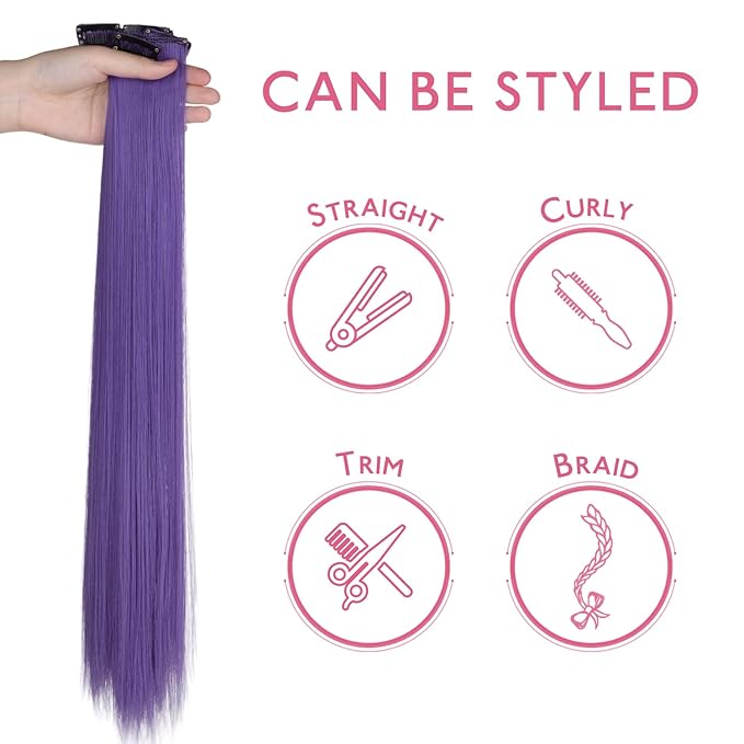 WENNALIFE 12 PCS Deep Purple Hair Extensions Clip in, Colored Clip in Hair Extensions for Kids Highlights Rainbow Hair Clips for Girls Synthetic Straight Pop-up Style Colorful Girls Hair Accessories