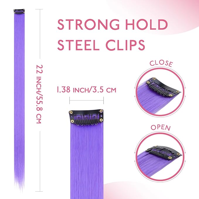 WENNALIFE 12 PCS Light Purple Hair Extensions Clip in, Colored Clip in Hair Extensions for Kids Highlights Rainbow Hair Clips for Girls Synthetic Straight Pop-up Style Colorful Girls Hair Accessories