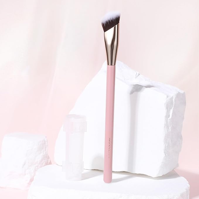 Concealer Brush with Travel Cover – Angled Under Eye Makeup Small Foundation Precision Face Blending Brush for Color Corrector & Nose Contour, Soft Vegan Bristles for Sensitive Skin (PINK)