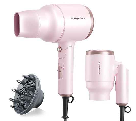 Wavytalk Blow Dryer with Diffuser, Mini Hair Dryer with Folding Handle, 1600W Quiet Lightweight Hairdryer with Diffuser Compact Design, Pinky White