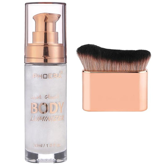 PHOERA Body Shimmer Oil, Bronzer Body Glow Highlighter Luminizer,Illuminator with Makup Bursh,Self Tanning Lotion,1oz/Jars (105#Diamond Platinum)