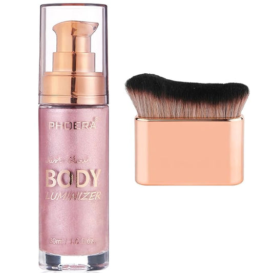 PHOERA Body Shimmer Oil,Bronzer Body Glow Oil Highlighter Luminizer with Makup Bursh,Self Tanning Lotion,1oz/Jars (104#Sparkle Pink)