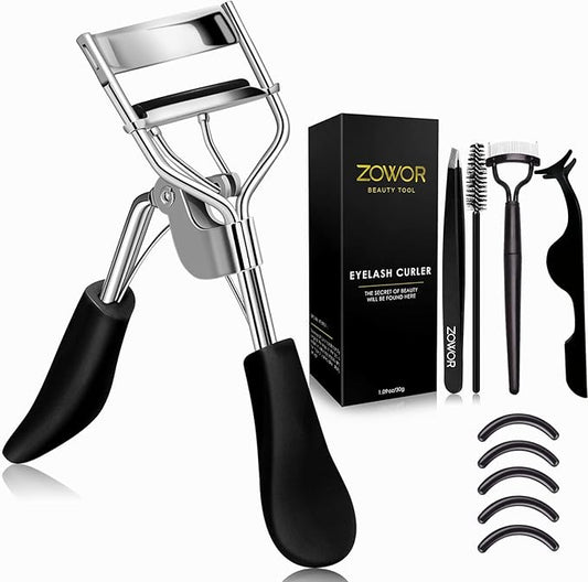 Eyelash Curler with Comb and Brush Fit All Eye Shape Curved Eyelash Curlers with 5PCS Silicone Refill Pad,Natural and Long Lasting Lash Curler for Women Make Up Gift(Black)