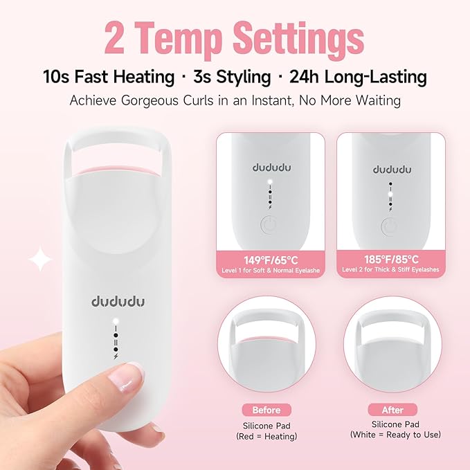 DUDUDU Heated Eyelash Curler, Portable Travel-Size Mini Electric Heated Lash Curler - 2-Level Adjustable Temp & Type-C Recharge, 10S Heat 3S Style 24H Lift for Long-Lasting Natural Effortless Curves