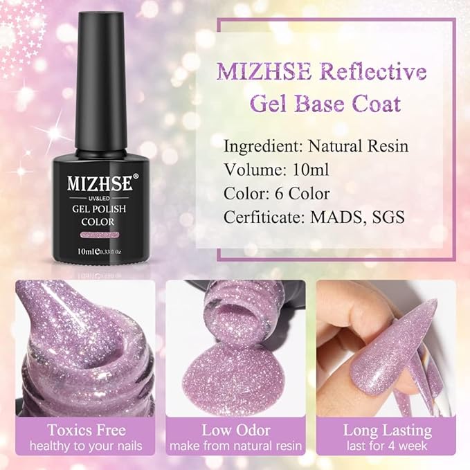 MIZHSE Glitter Gel Nail Polish, 2 In 1 Reflective & Rubber Base Gel Polish 10ml, Sparkly Shimmery Effect Nude Pink Silve Purple Colors Soak Off Nail Art Manicure Home Salon Gift for Women