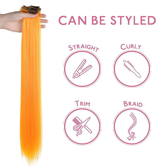 WENNALIFE 12 PCS Orange Hair Extensions Clip in, Colored Clip in Hair Extensions for Kids Highlights Rainbow Hair Clips for Girls Synthetic Straight Pop-up Style Colorful Girls Hair Accessories